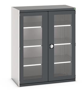 Bott Cubio Window Door Cupboard with lockable doors and clear perspex windows. External dimensions are 1300mm wide x 650mm deep x 1600mm high and the cupboard is supplied with 3 x 160kg capacity shelves.... Bott Cubio Window Clear Door Cupboards